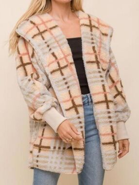 Hem & Thread Oversized Plush Plaid Open-Front Hoodie Jacket One Size